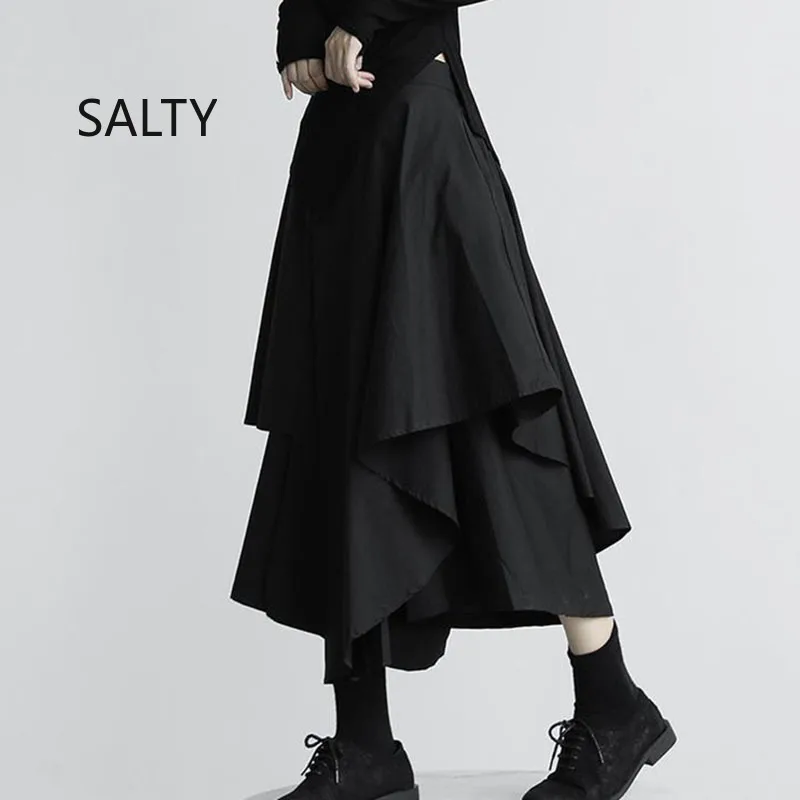 Black Skirts Woman Japanese Gothic Irregular High Waist Pleated Skirt Pants for Women Vintage Solid Cargo Skirts Female