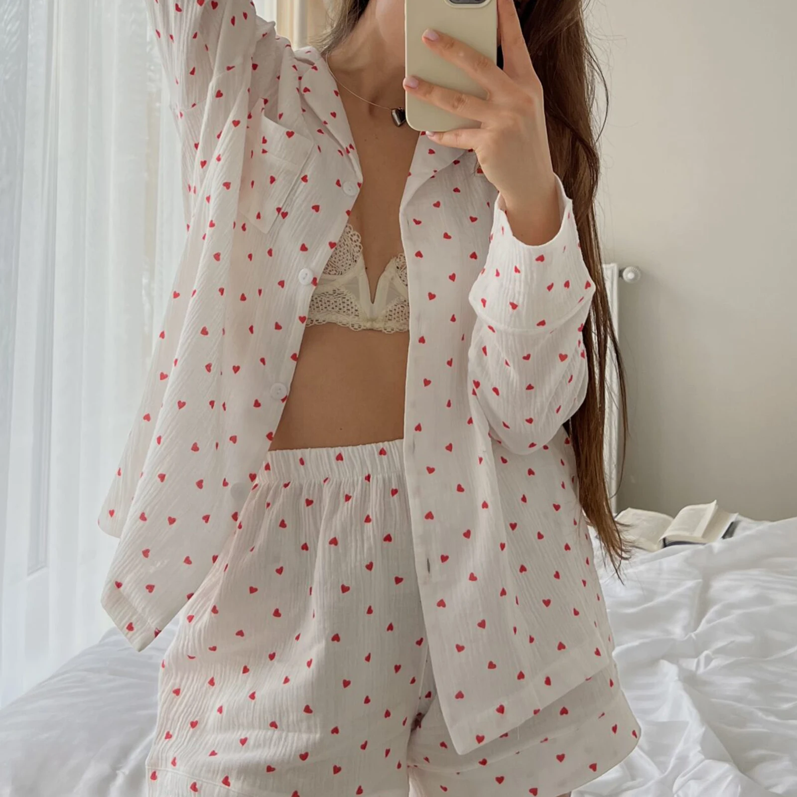 Gaono Women 2 Piece Pajamas Set Cherry Graphic Print Short Sleeve Button Shirt and Shorts Loungewear Sleepwear PJ Sets