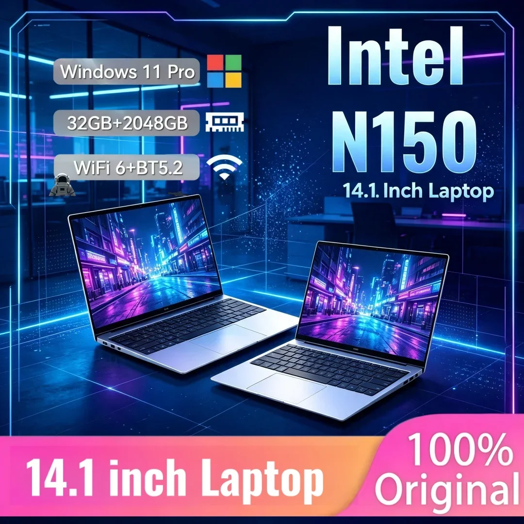Intel Core N150 New 14.1 Ultra Slim Laptop 16GB/32GB 1TB/2TB Windows11 1920*1080 HD Lightweight Office Study Computer