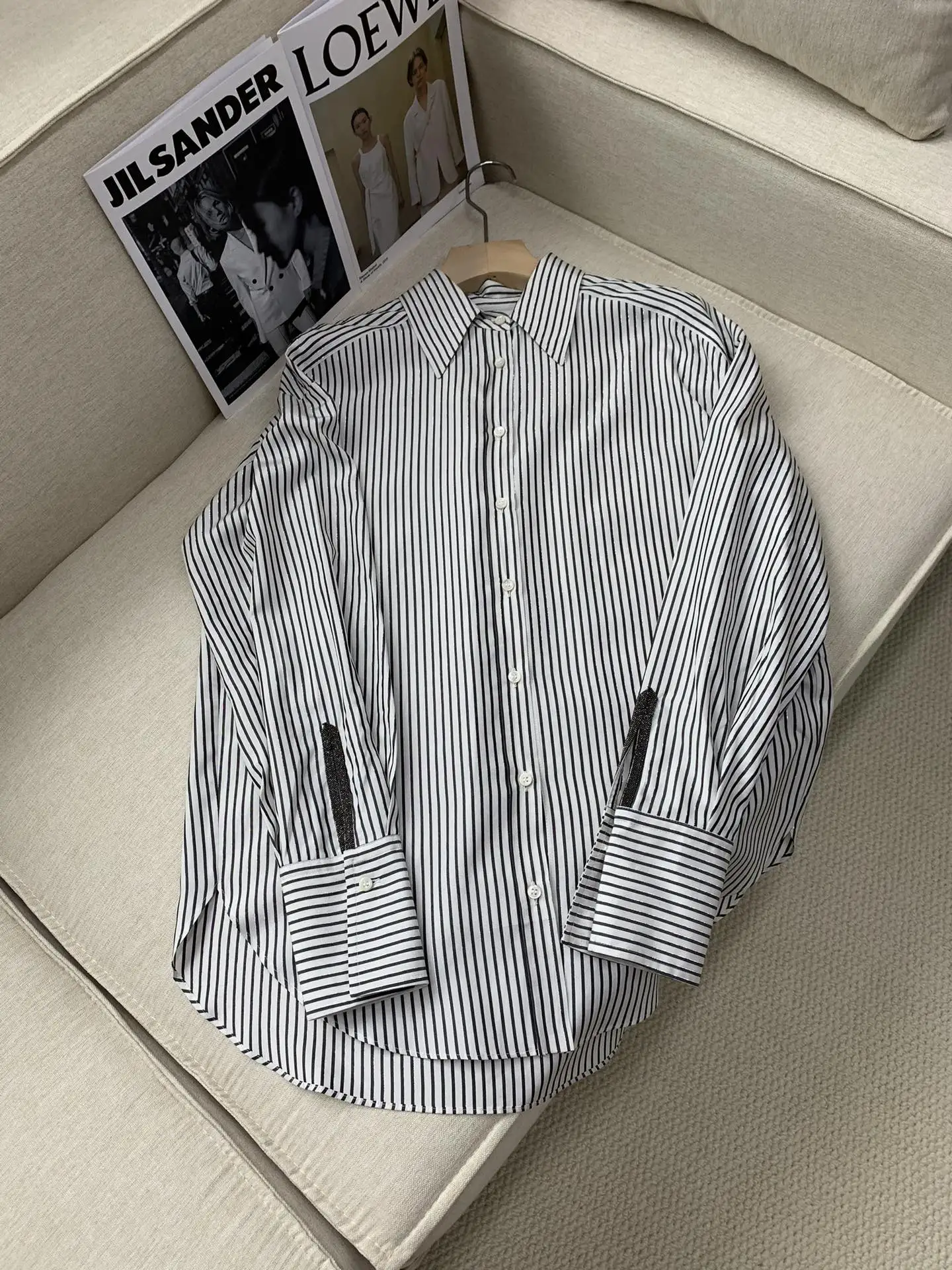 

Women's Shirt 2024 Spring Summer 100% Silk Bead Chain Striped Turn Down Collar Single Breasted Loose Commuter Long Sleeve Blouse