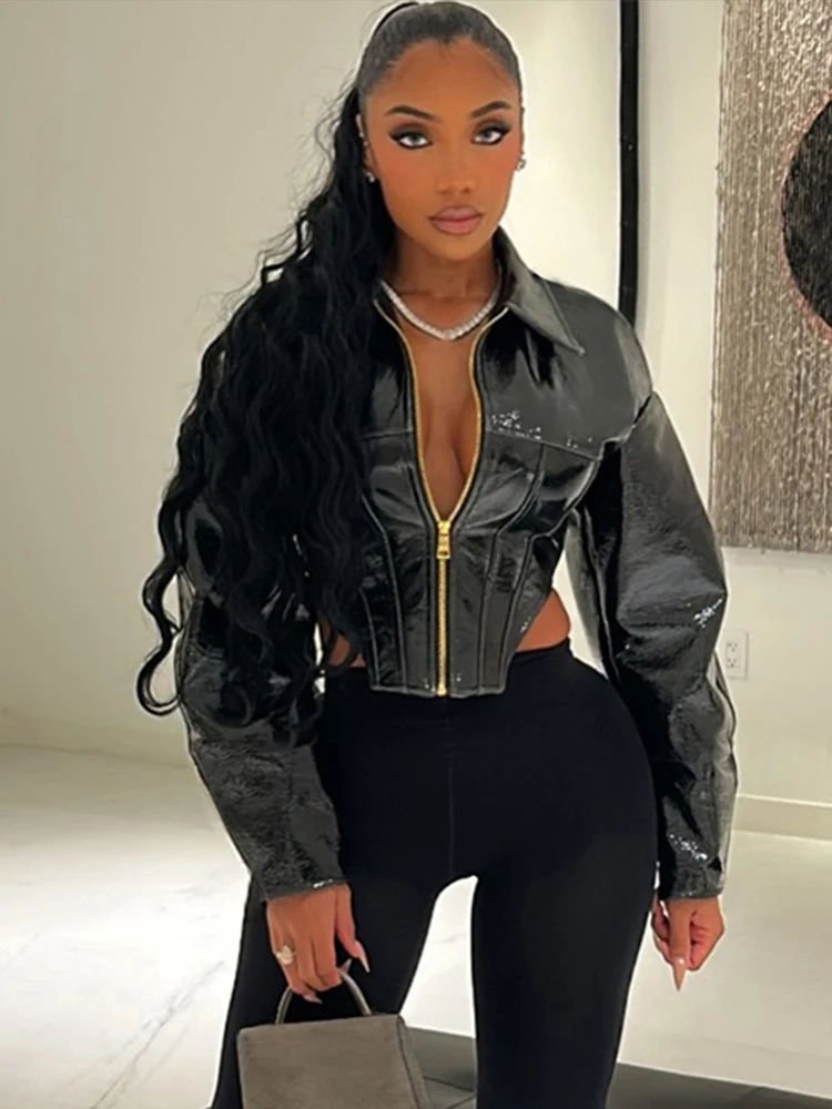 

Kliou Faux Leather Jacket Woman Zip Polo-Neck Full Sleeve Irregular Hem Hot Girls High Street Sexy Fashion Style Classic Coats