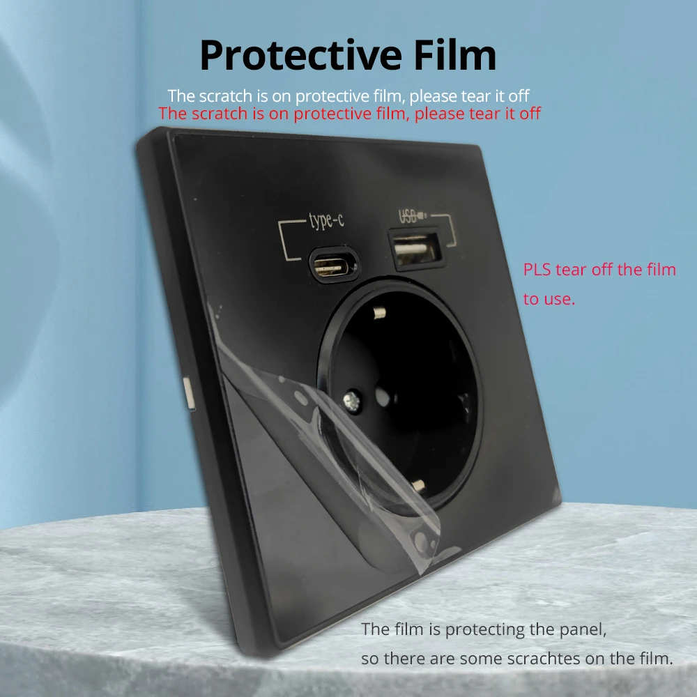 20W PD Type-C A Interface Outlet Acrylic Mirror Crystal Panel Black Wall EU Russia Spain French Socket With USB Charger Holder