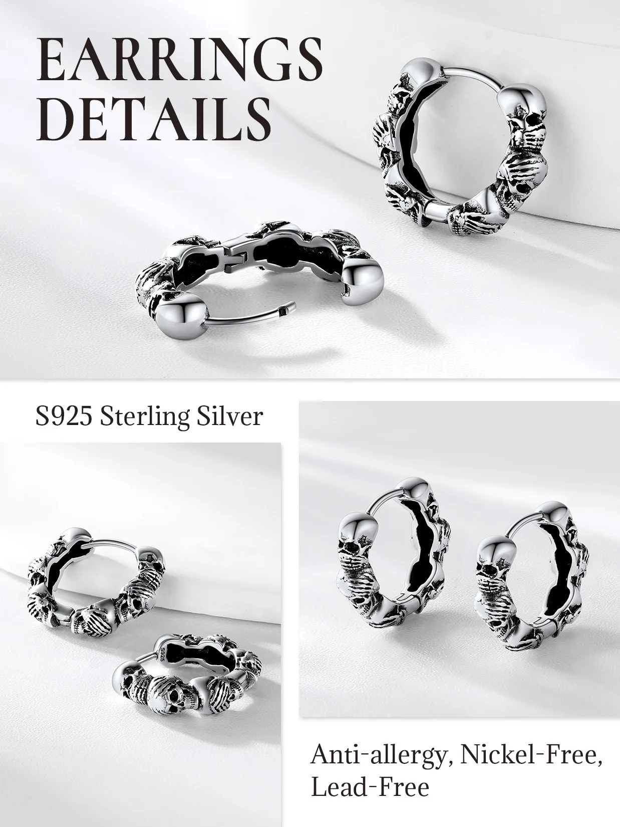 U7 925 فضة انظر لا الشر سماع لا الشر التحدث لا الشر الجمجمة رؤساء هوب القرط الحكمة القوطية الشرير للجنسين مجوهرات هدية