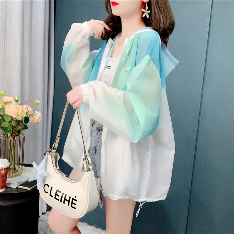 Women's Large Size Loose Summer Gradient Color Sun Protection Clothes Fashionable Outerwear Casual Style Zipper Closure Long ...
