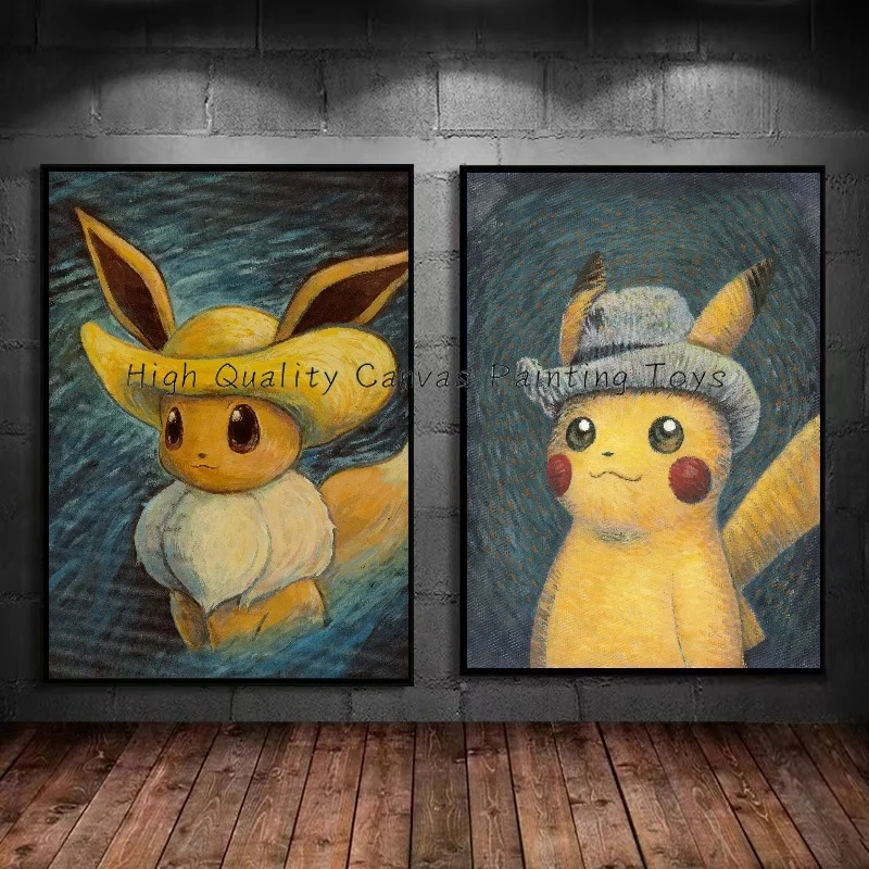 Van Gogh Museum Pokemon Anime Figures Pikachu Watercolor Painting Canvas Posters and Prints Wall Art Picture for Living Room