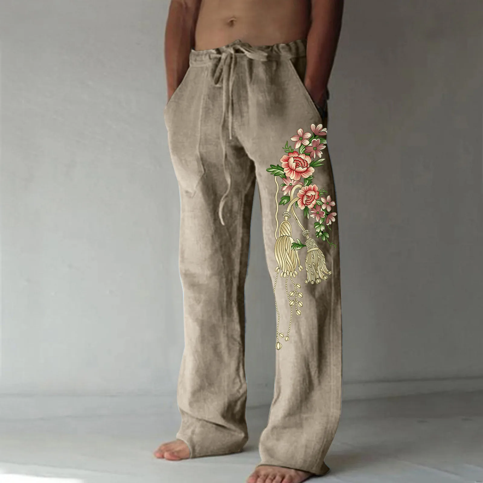 Men Baggy Cotton Linen Pants Casual Flowers Print Pockets Lace Up Pants Wide Leg Pant Full Length Drawstring Beach Holiday Pants