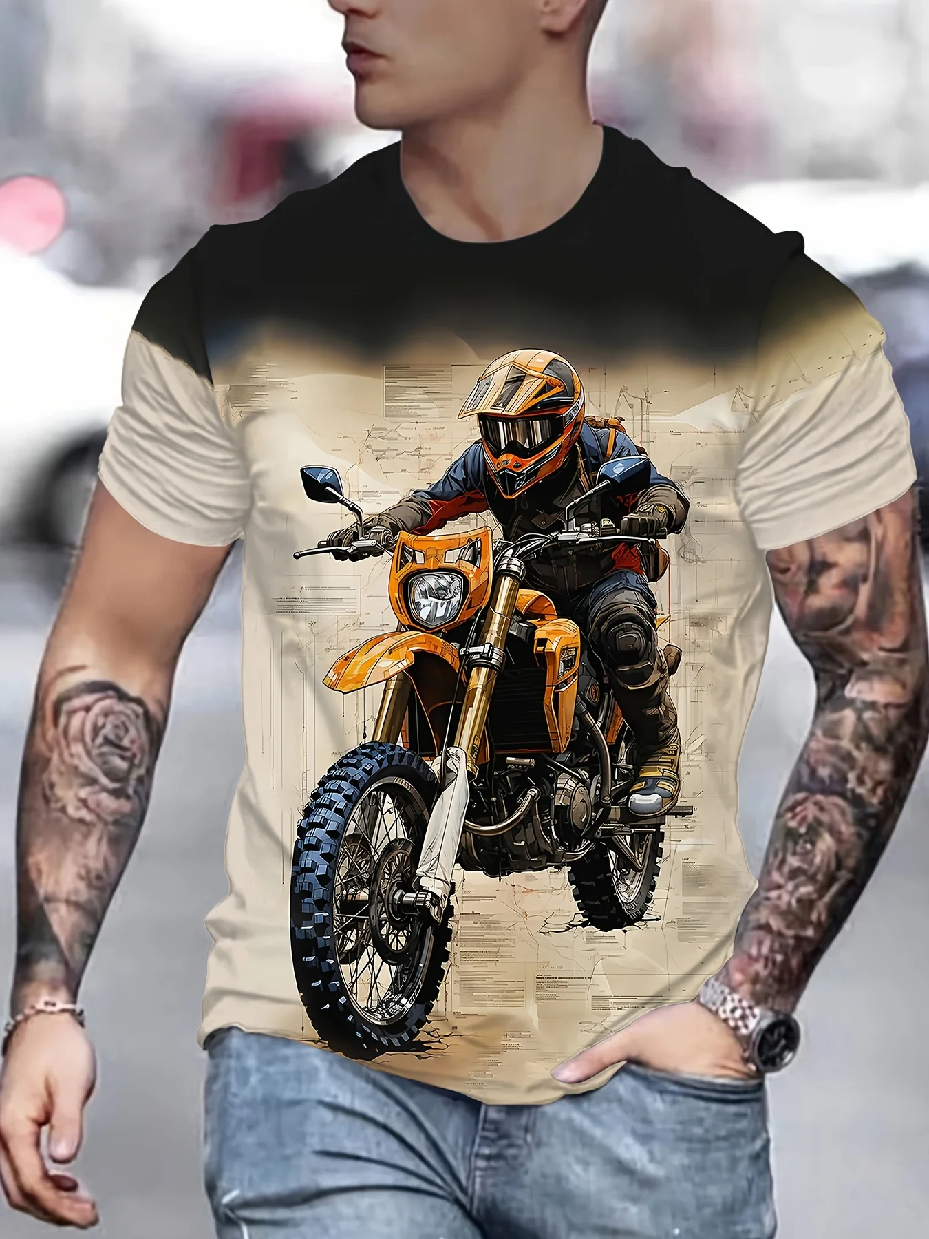 Unisex Biker T Shirt Retro Map Background Orange Dirt Motorbike Rider Print Motorcycle Lover Casual Short Sleeve Top