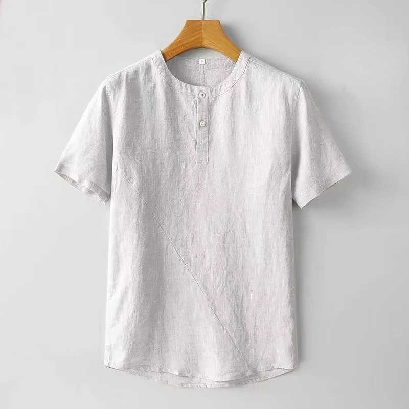 Chinese Style Men’s Cotton Linen Short Sleeve T-Shirt Summer Round Neck Loose Fit Linen Top Lightweight Breathable TShirts