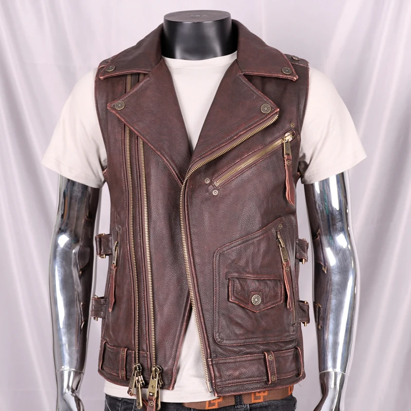 

Motorcycle Suit Top Layer Pure Cowhide Leather Vest Collar Slim Fit Jacket Vest Men's Genuine Leather Short High Harley Youth