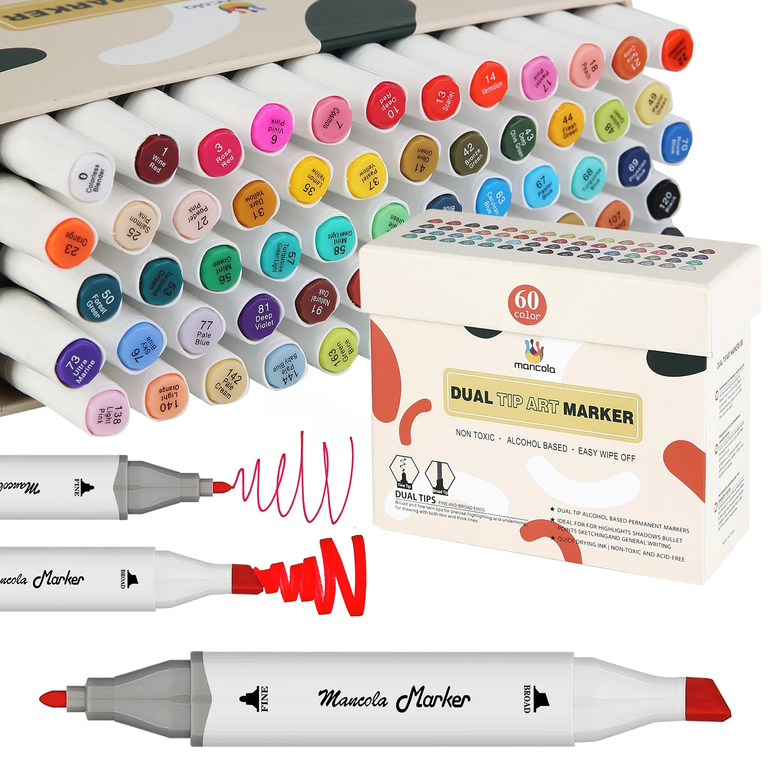 

60 Colors Alcohol Based Markers, Fine & Broad Dual Tip Permanent Artist Art Markers Sketch Markers for Adult Coloring