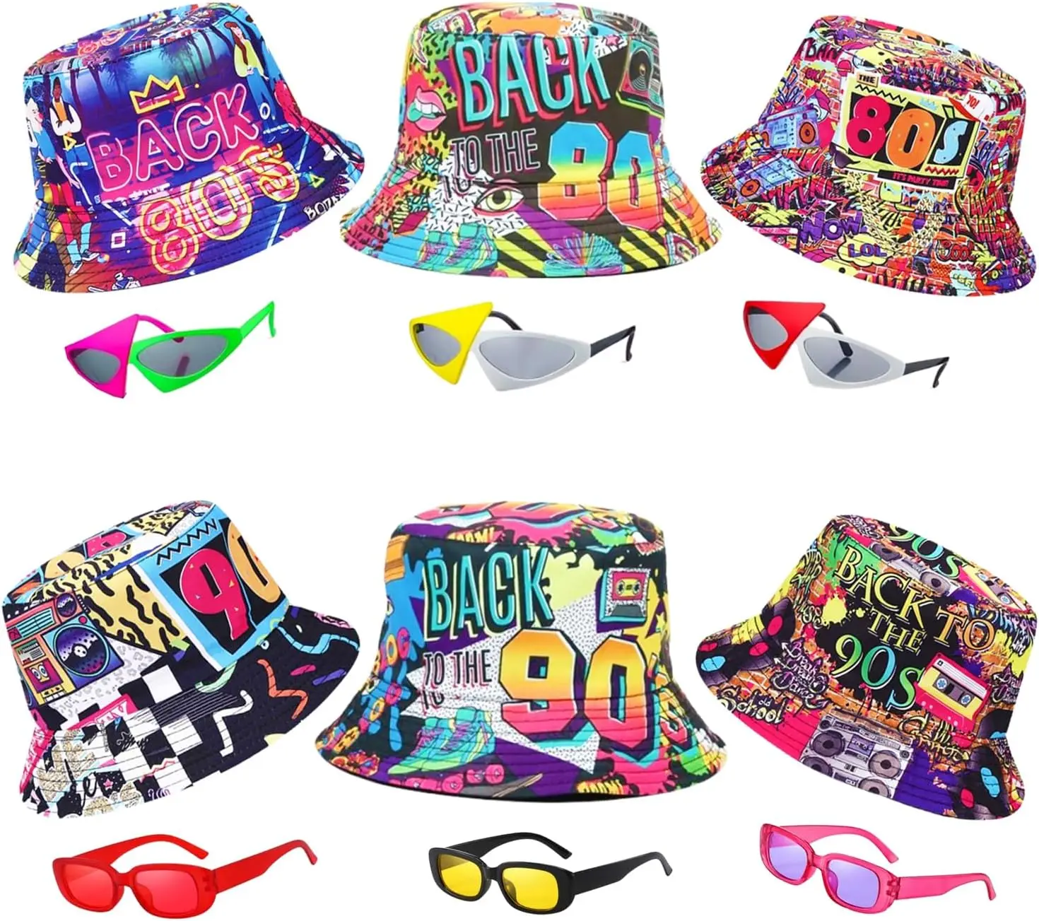 

Набор из 12 ретро-шляп в стиле 80-х и 90-х с неоновыми очками, забавный тематический реквизит для хип-хопа, дня рождения, свадьбы