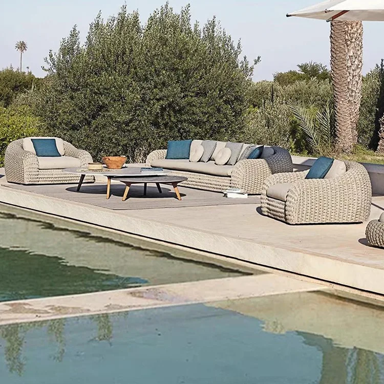 

Outdoor sunscreen PE rattan rope sofa set with waterproof seat cushion Nordic design U-shaped removable garden furniture