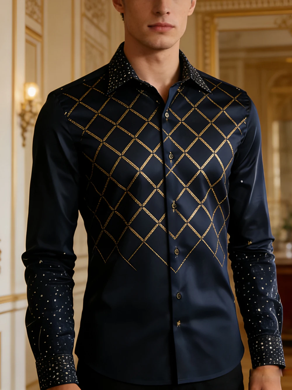 2025 Camisa ligera de lujo con estampado 3D de cadena de negocios para hombre, fiesta en casa, manga larga, botón de solapa, ropa hawaiana de manga larga para hombre