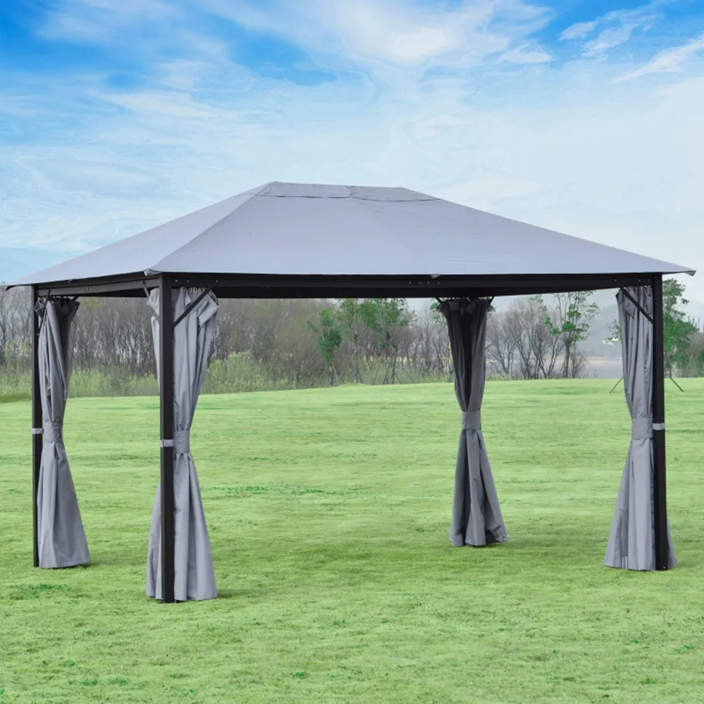 10x13Ft Patio Gazebo Outdoor Yard Canopy Tent Sun Shelter Garden Awnings Steel Gazebos Tents with Mosquito Net Mesh Grey