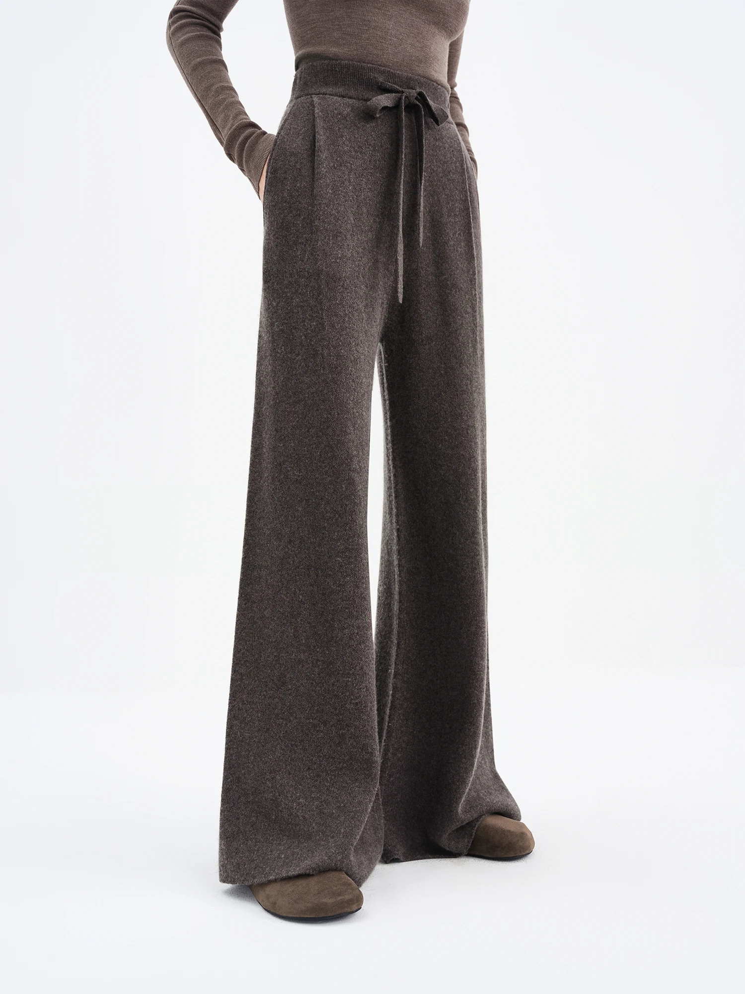 ​ FSLE 2025 بنطال نسائي شتوي منسوج عالي الخصر برباط واسع الساق - بنطال كاجوال مريح قابل للتمدد للارتداء اليومي