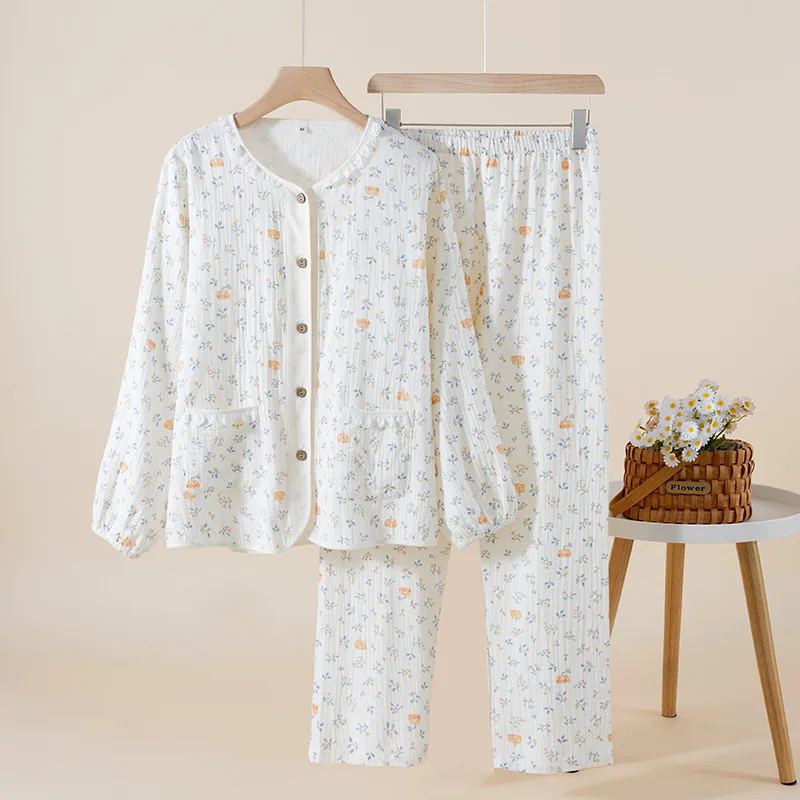

Floral Pure Cotton Women's Pajamas Suit Lace Round Neck Long Sleeve Tops And Pants 2pcs 2025 Autumn Lightweight Home Wear Set