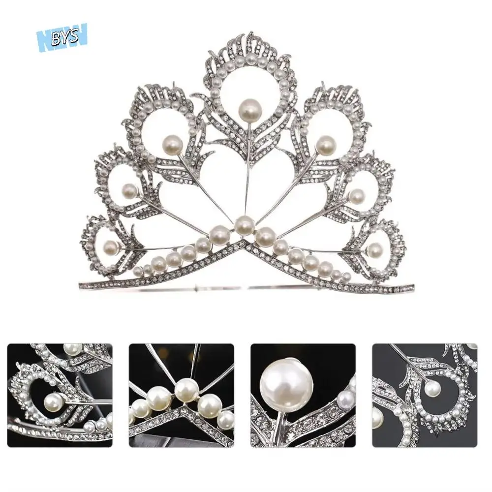 

Rhinestone Crowns Peacock Feather Tiaras Head Accessories Round Pearl Crystal Pearl Headband Durable Lightweight