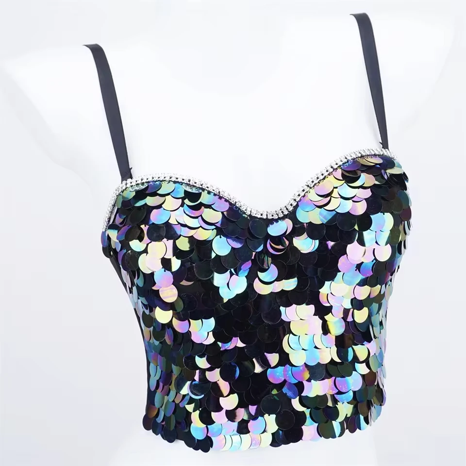 

Laser Sequins Fishbone Spice Corset Women Short Beaded Tight Bustier Camisole Cyber Sweetheart Detachable Straps