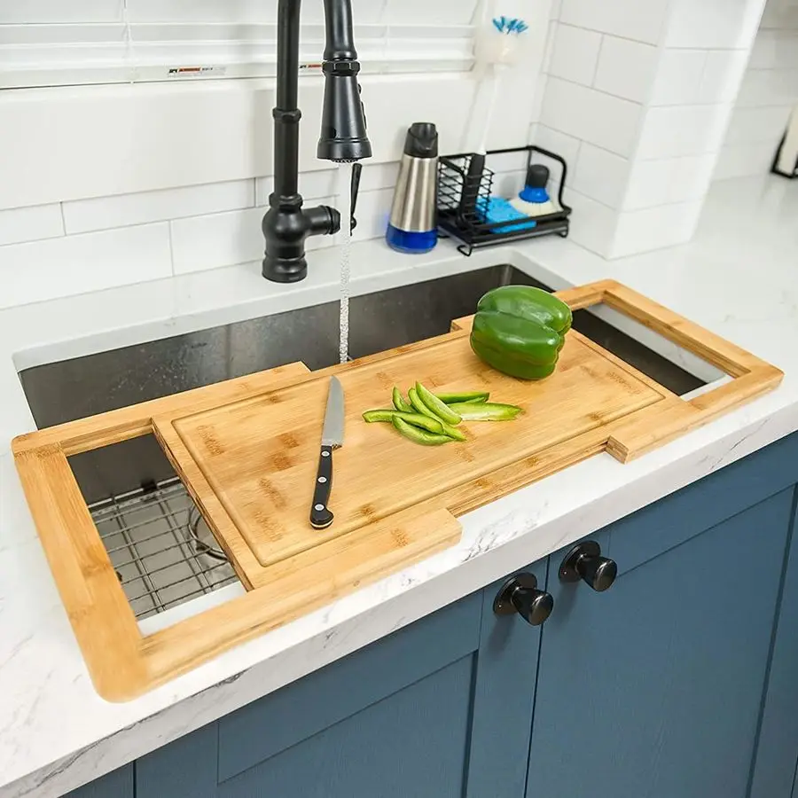 

UPGRADE Over The Sink Cutting Board Expandable Cutting Board Over Sink, Bamboo Cutting Boards with Juice Groove, Kitchen Sink Cu