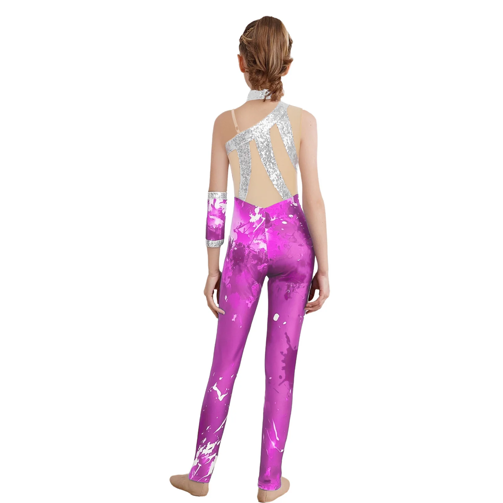 Kids Girls Gymnastics Jumpsuit Sleeveless Asymmetrical Sequins Printed Full Length Leotard Bodysuit+Glove for Figure Ice Skating