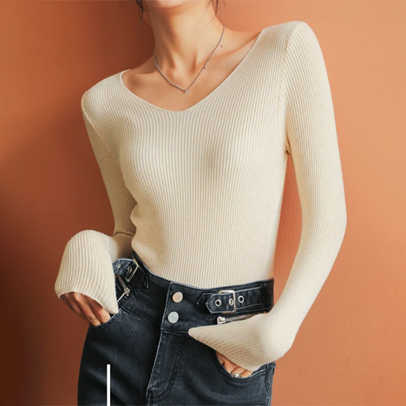 

Autumn Sexy V-Neck Ribbed Pullovers Women Simple Chic High Stretch Long Sleeves Base Sweater Casual Comfortable Warm Inner Wear