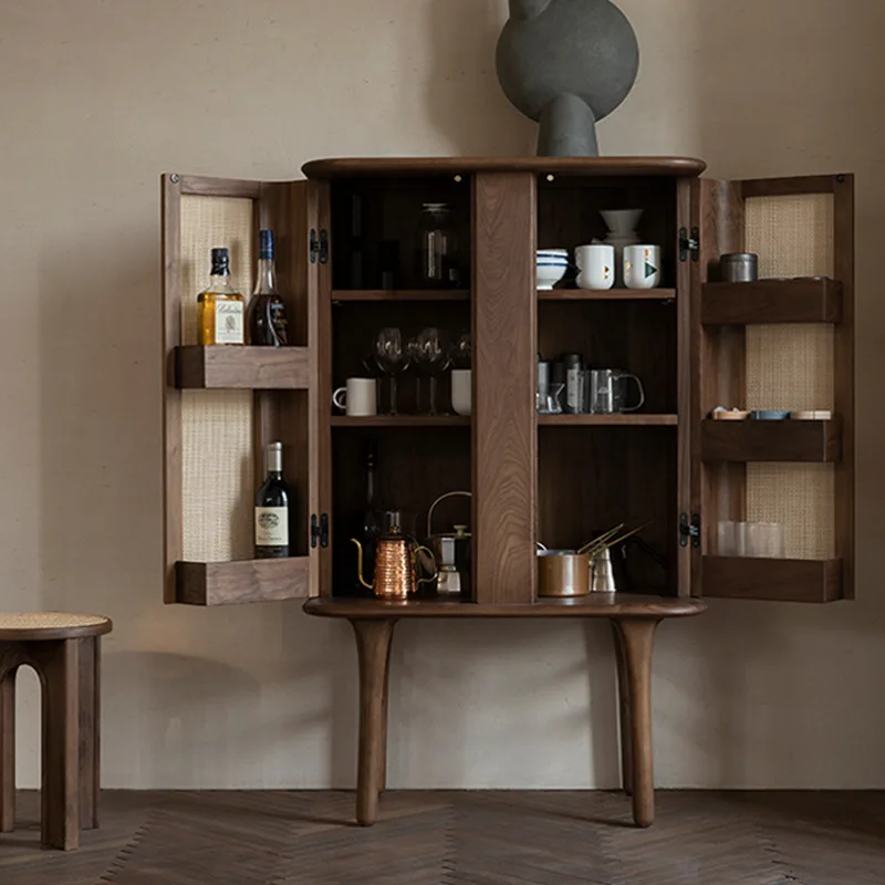 Retro rattan small vertical cabinet storage home dining sideboard solid wood surprise style homestay