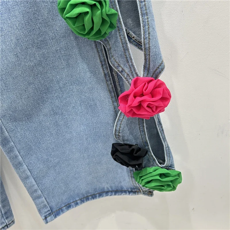 Women Colorful 3D Flowers Hollow Out Jeans Floral Denim Trousers Pockets Straight Wide Legs Cowboy Pants High Waisted Pantalon