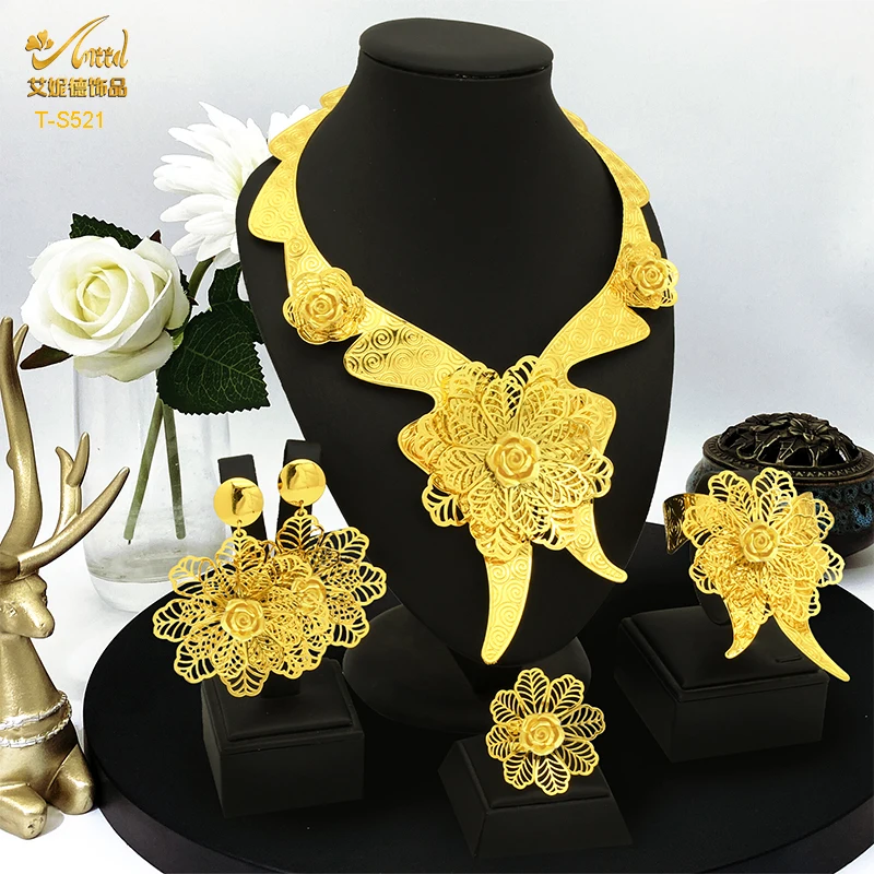 ANIID Dubai Set di gioielli placcati in oro 24 carati a forma di fiore per le donne gioielli di moda progettati Set di braccialetti con collana