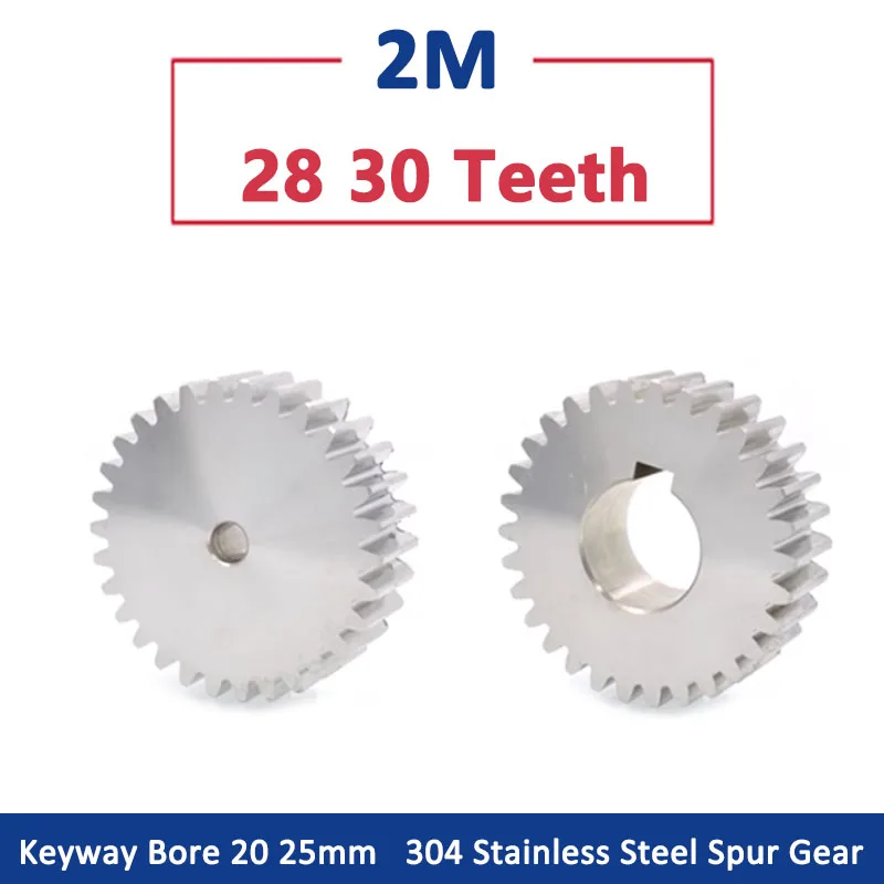 

1pc 2M 28 30 Teeth 304 Stainless Steel Spur Gear 2 Module 28T 30T Flat Cylindrical Gear Keyway Bore 20 25mm / Burr Hole