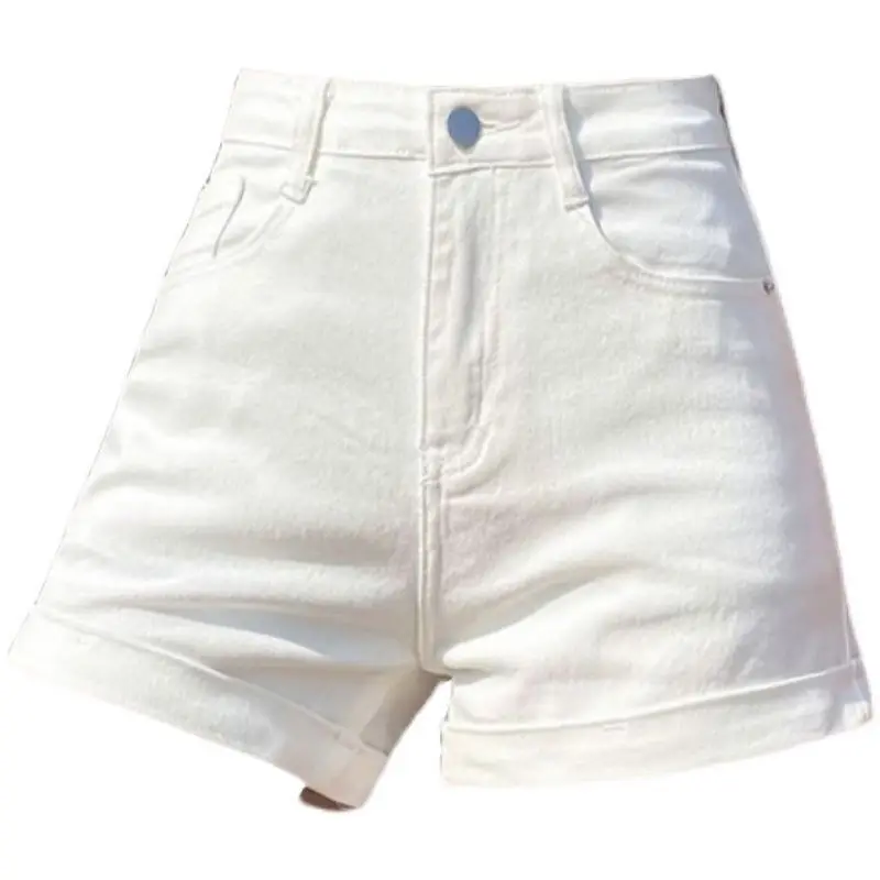 Short en Denim blanc décontracté pour femmes, taille haute, ligne a, amincissant, Style coréen, pantalon court, grande taille, vêtements tendance, été