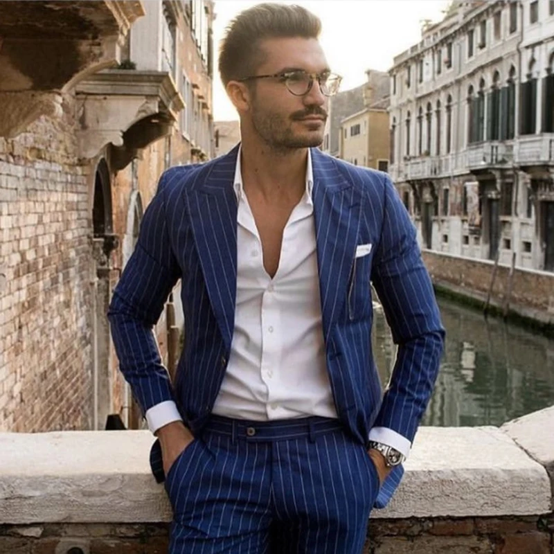 

2026 Costume Homme Navy Blue Pinstripe Men Suits Peaked Lapel 2 Piece Jacket Pants Male Clothing Slim Fit Business Men's Blazer