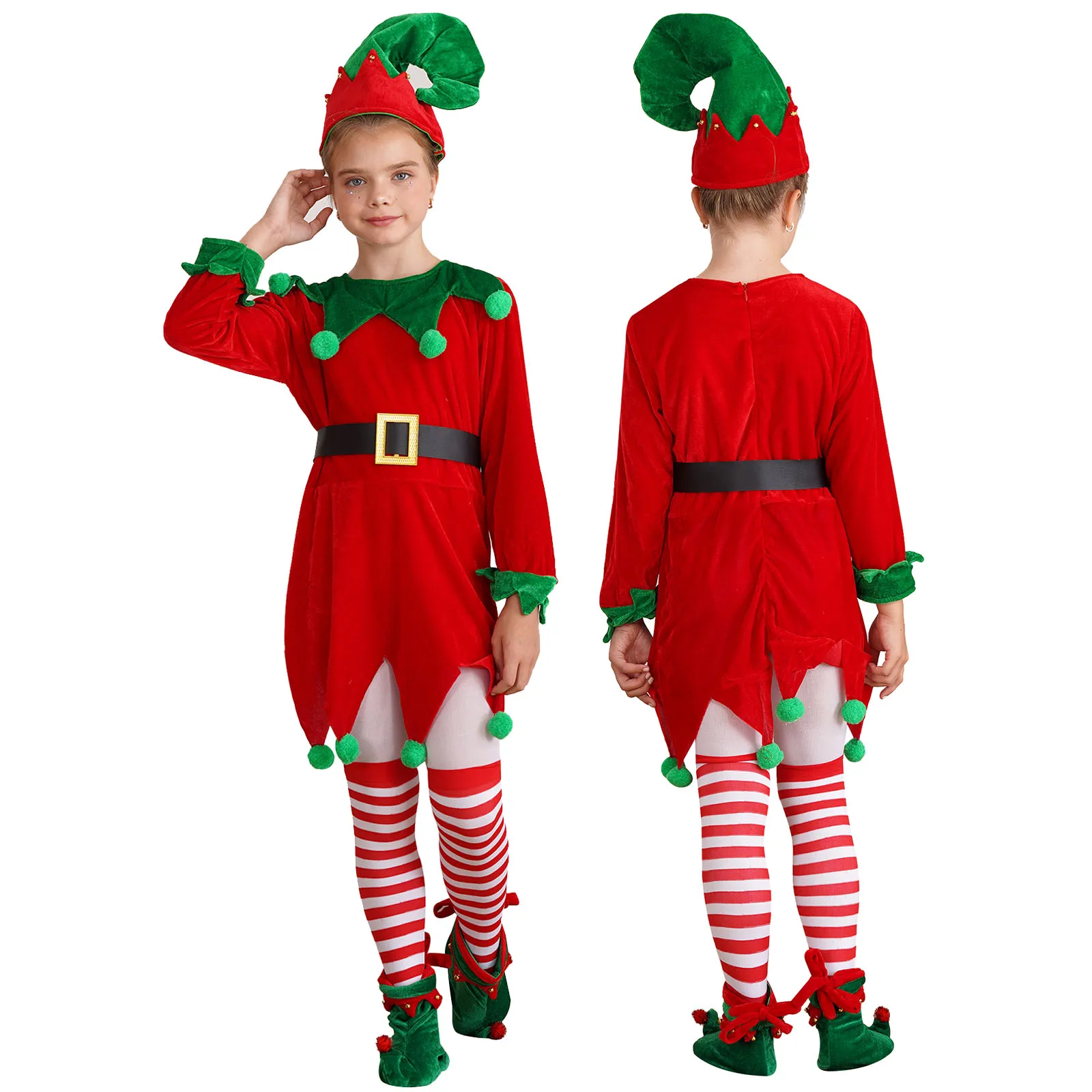 Costumes de cosplay d'elfe de Noël pour enfants, velours rouge, manches longues, garniture dentelée, robe, ceinture, chapeau d'elfe, bas rayés, chaussures, fête, trempé, nouveau