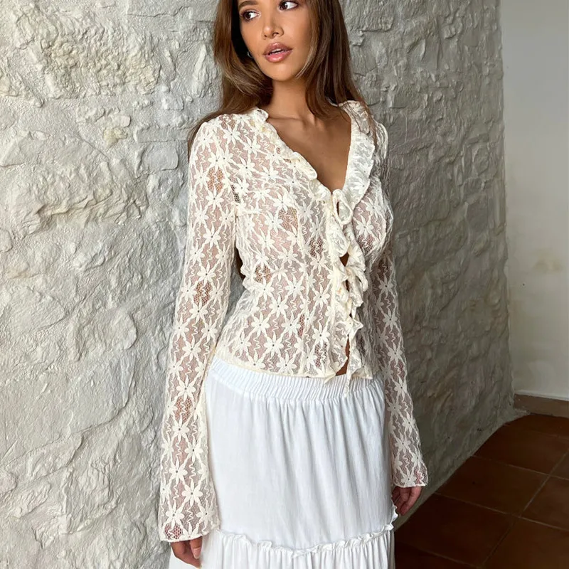 hirigin Elegant Women Summer Lace Floral Tops Flare Long Sleeve Tie Front Sheer Slim Crop Cardigan Clubwear blusa mujer moda