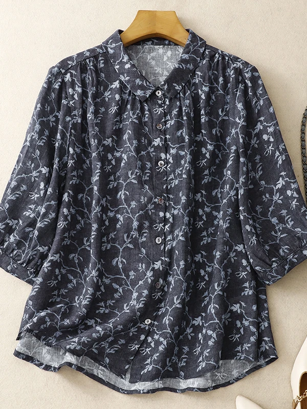 

Retro Collar Loose Fit Floral Print Linen irt f Sve Slimming Cover up Top for plus Size Women Summer Commute Sle