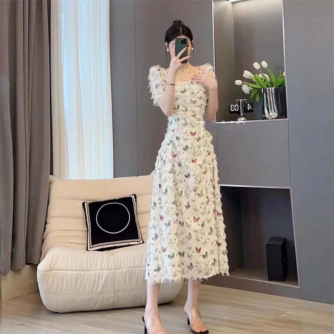 

Летняя женская модная футболка с принтом, квадратным вырезом, приталенная, с милыми рукавами-фонариками, из полиэстера, длинная