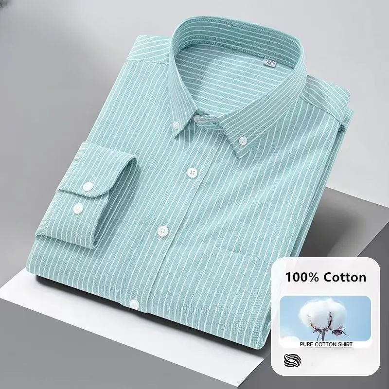 Hochwertige Herrenhemden Langarm Frühling Herbst 100 % Baumwolle Oxford Kausal Streifen Social Slim White Man Kleidung 5XL