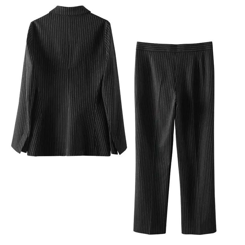 Suit Women's 2-piece 2024 Fashion Double-breasted Pinstripe Suit Jacket Retro Long-sleeved Jacket+side Zipper Pinstripe Pants