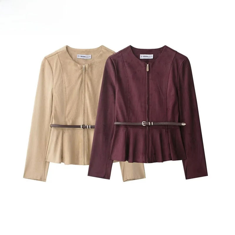 

ZBZR Autumn New Women's Faux Suede ort Skirt Jaet Coat with Belt Warm Polyester Fiber Universal Faion Outerwear