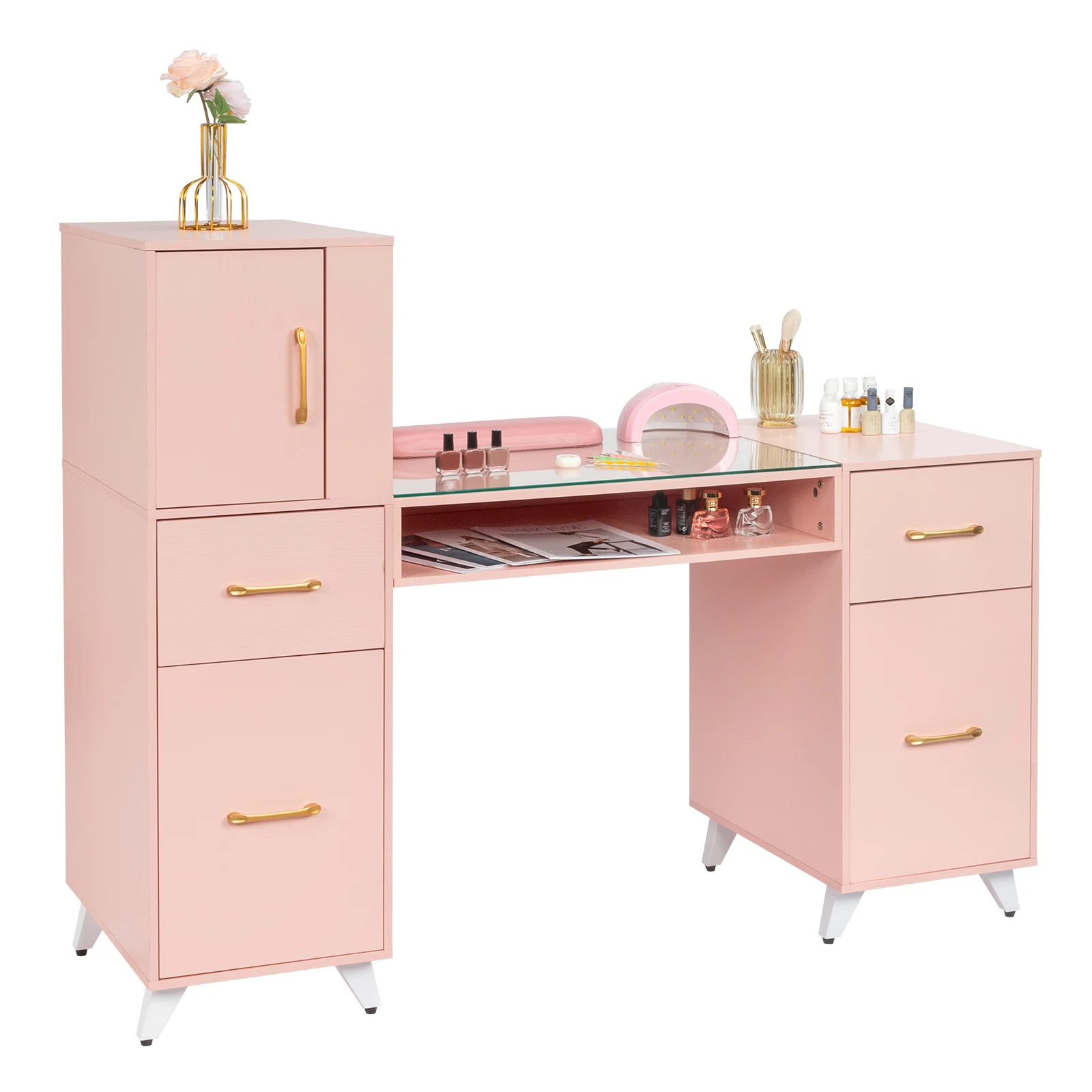 FCH pink relief particle board tempered glass 141*50*112cm three doors and two drawers fanless nail table