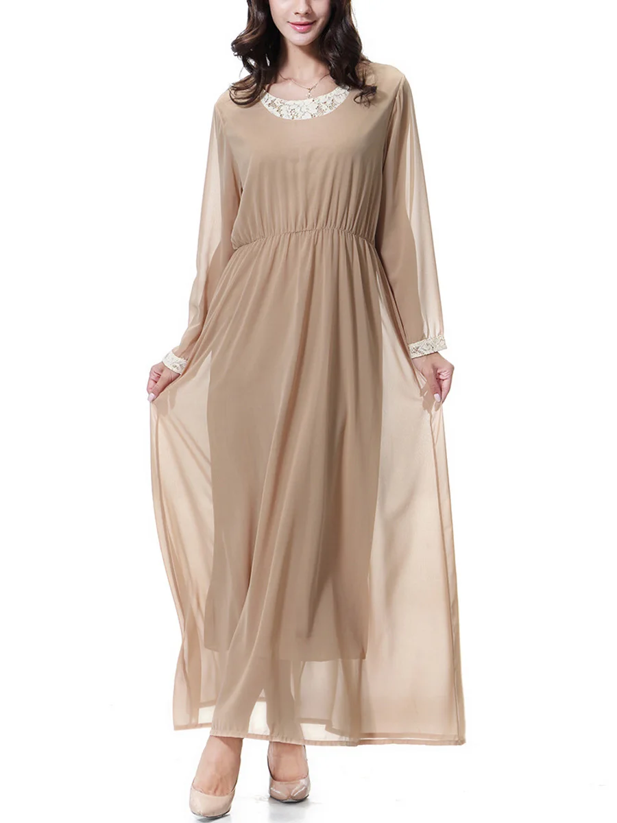 

Women's Crewneck Chiffon Modest Dresses - Elegant Long Sleeve Flowy Maxi Dress for Muslim, Travel, Evening & Special Occasions