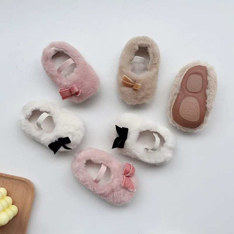 2023 Winter Babys chuhe für 0-18 Monate Neugeborene Prinzessin einfarbige Schleife Plüsch flauschige Fleece warme First Walker rutsch feste Schuhe