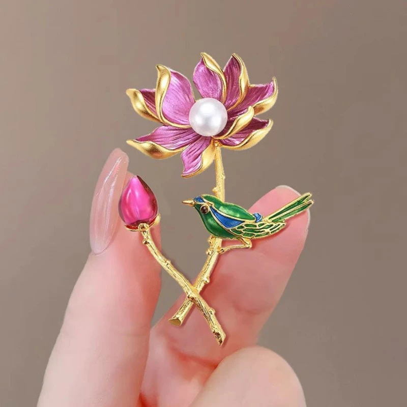 خمر المينا زهرة اللوتس الطيور دبابيس للنساء الرجال اللؤلؤ التلبيب دبابيس بدلة الحفلات مجوهرات الزفاف #1