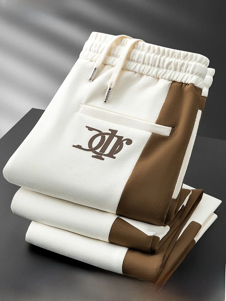 

Faionable Autumn Winter Color Blo Splice Men's Trousers Elastic Waist Cord Dstring Air Layer Cotton Sport Pants