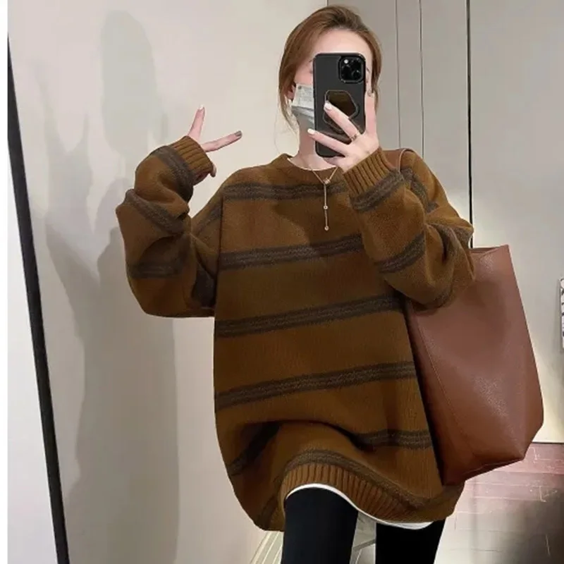 Ladies Mid Length Version Stripe Knitwear Autumn Winter Female Long Sleeved Knitting Lazy Wind Women Loose Fit Pullover Sweaters