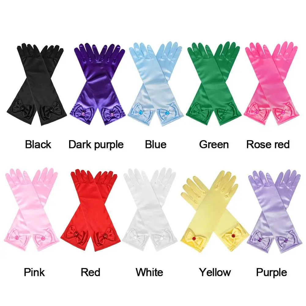 Children Long Gloves Princess Dance Performance Stage Gloves Satin Sequins Bow Glove Solid Full Finger Mittens Birthday Gifts