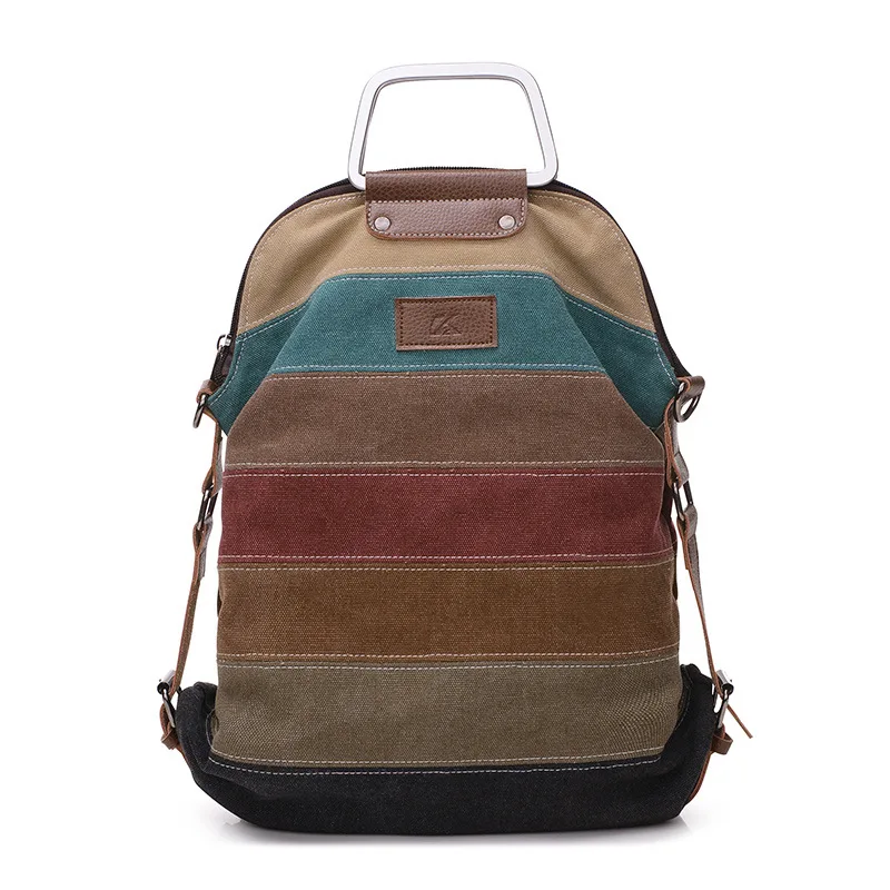 

Hot Sell Rainbow Women's Canvas Backpack Ladies Striped Multifunction Patchwork Rucksack Crossbody Girl Single Shoulder Bag