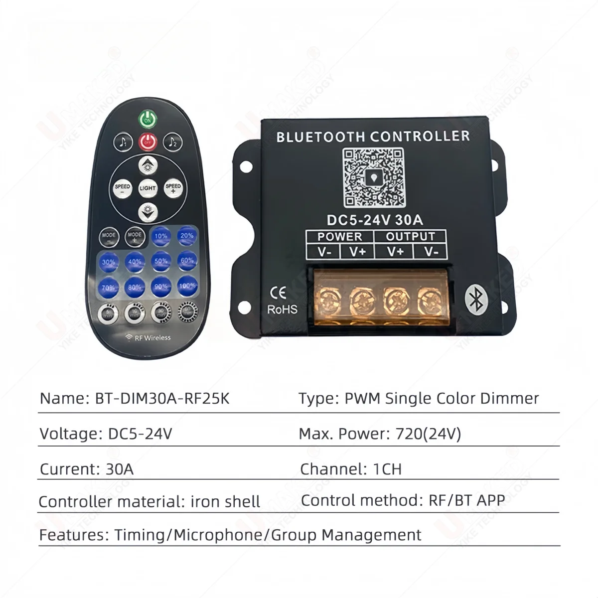 Smart Music LED Controllers PWM Dimmer DC 5V 12V 24V 10A/CH, Single Color, RGB, RGBW, Iron Case, RF/Bluetooth APP Timing Remote