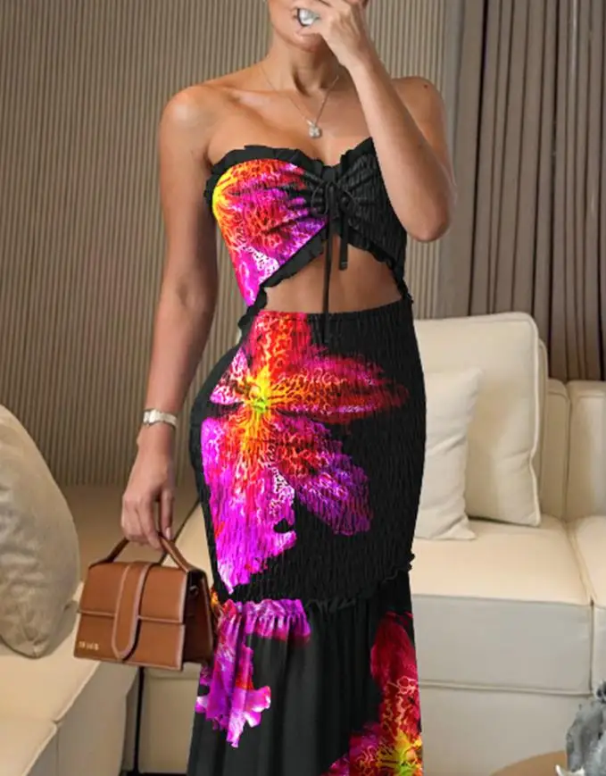 

Women's Vacation Casual Dresses for Summer Wear Daily Female Tropical Print Bandeau Sleevless High Waist Hollow-Out Maxi Dress