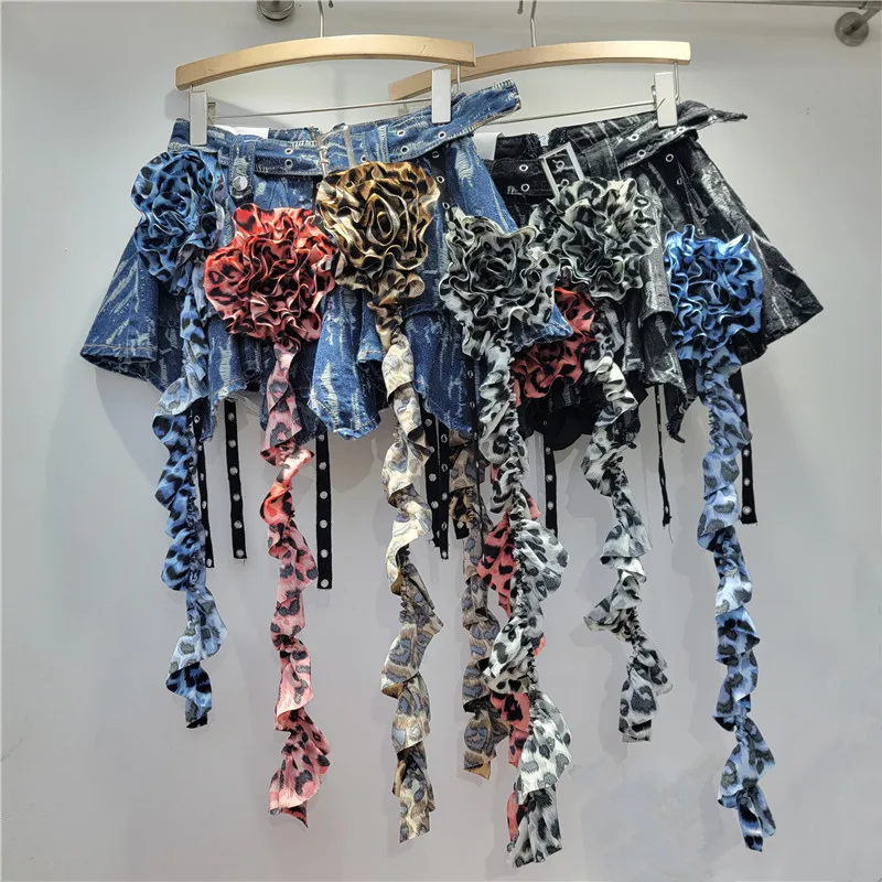 Leopard Floral Denim Skirt for Women Fashion Street Three-dimensional Flower Irregular Pleated Anti-light Denim Skirts 2024