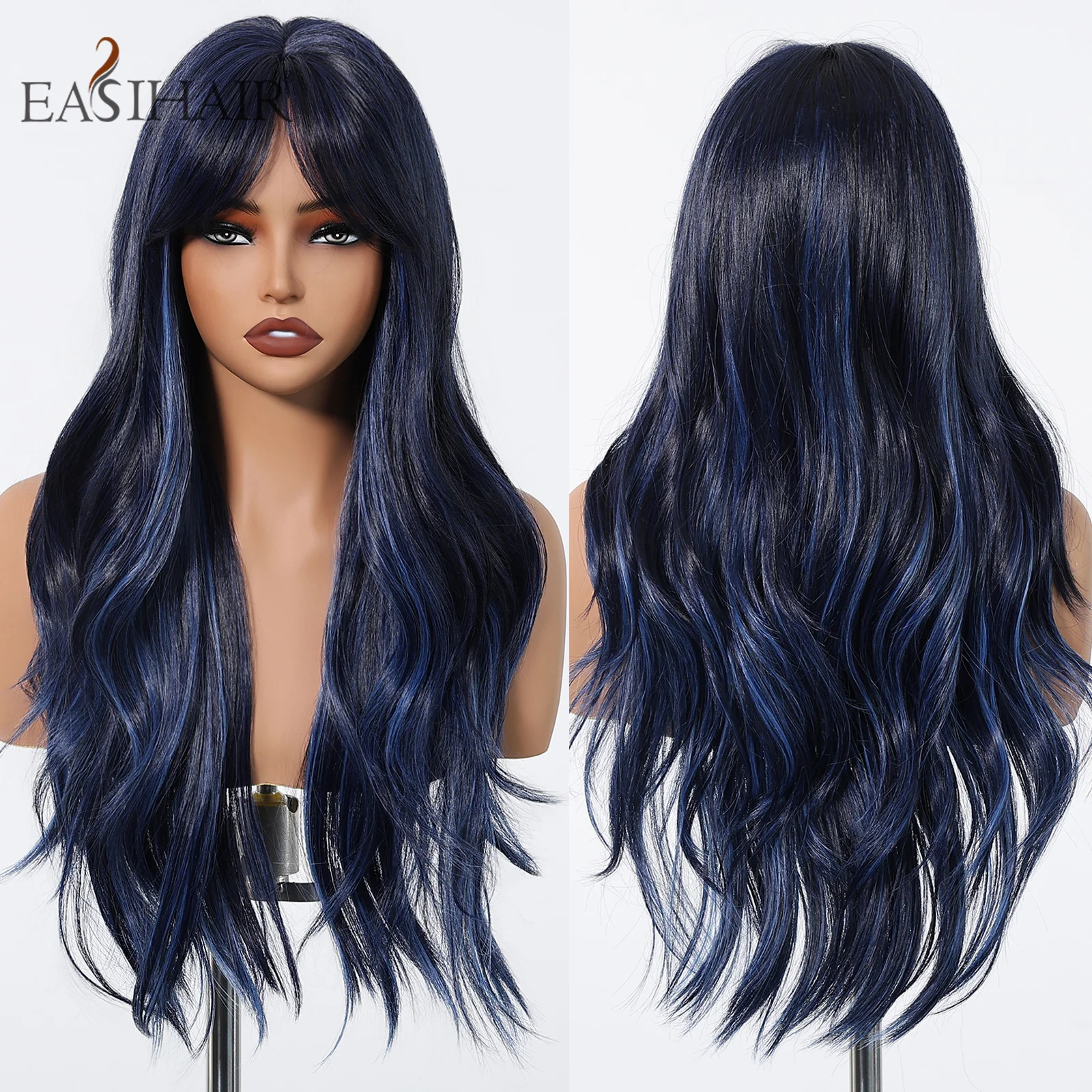 

EASIHAIR Black Blue Mixed Synthetic Wig Long Wavy Natural Hair Wig with Bangs for Women Cosplay Daily Use Heat Resistant Fibre